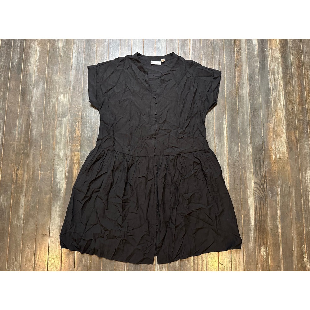 Susan Graver Black Button Front Drop Waist Crinkle Dress Cap Sleeve